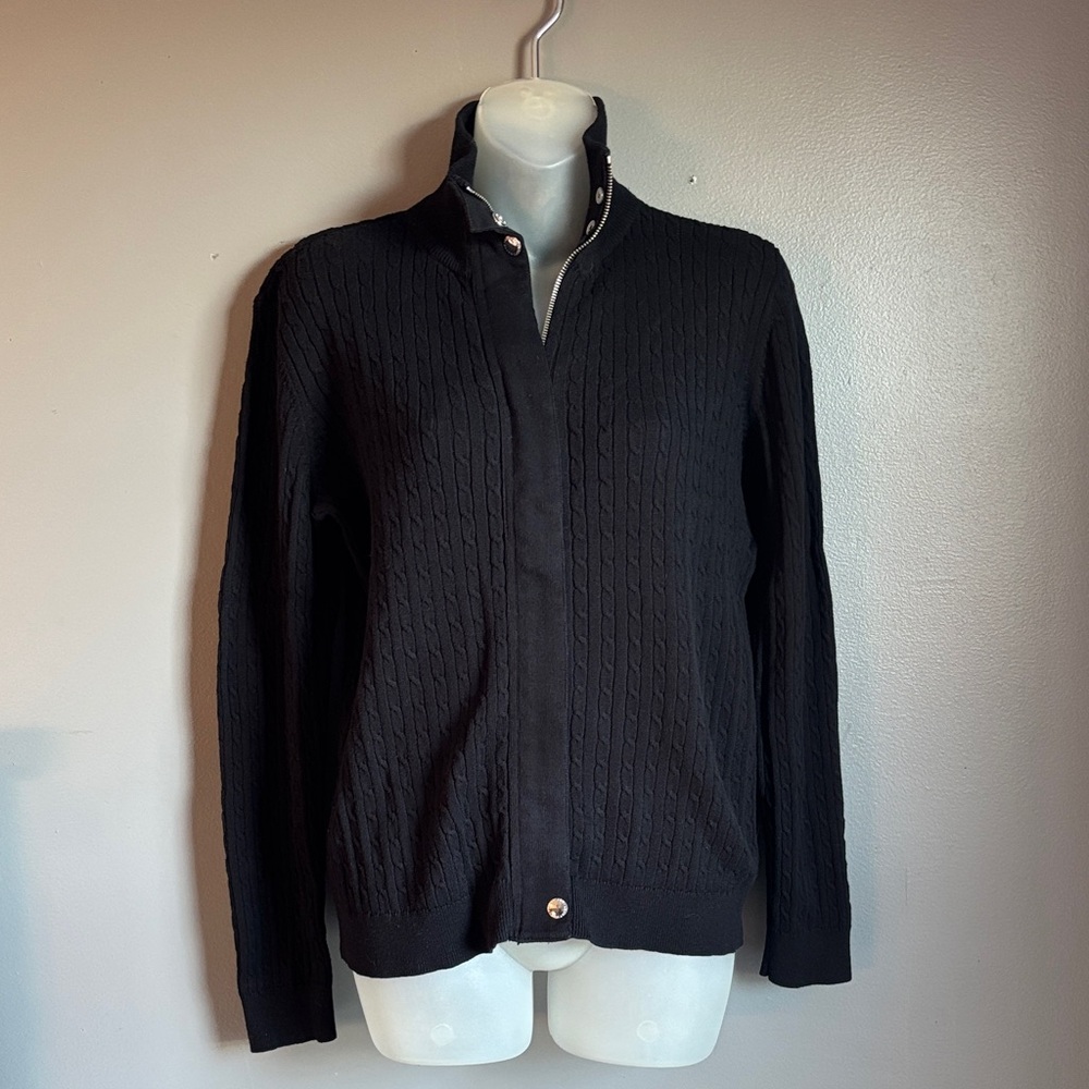 LAUREN Ralph Lauren black / dark navy zip-up sweater * woman's sz M *